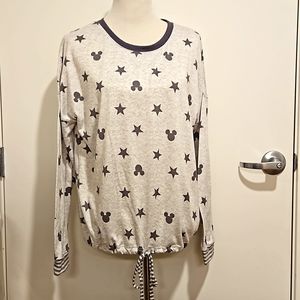 DISNEY Pale gray Mickey and star graphics drawstring long sleeve top Large EUC